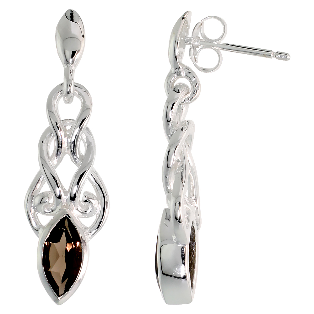 STERLING SILVER GENUINE SMOKY TOPAZ CELTIC KNOT EARRINGS, 1 1/4 INCH