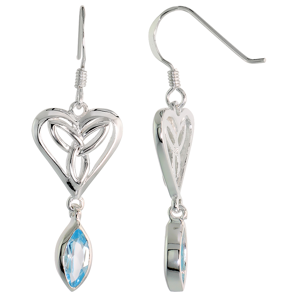 STERLING SILVER GENUINE BLUE TOPAZ TRIQUETRA EARRINGS CELTIC HEART, 1 1/2 INCH