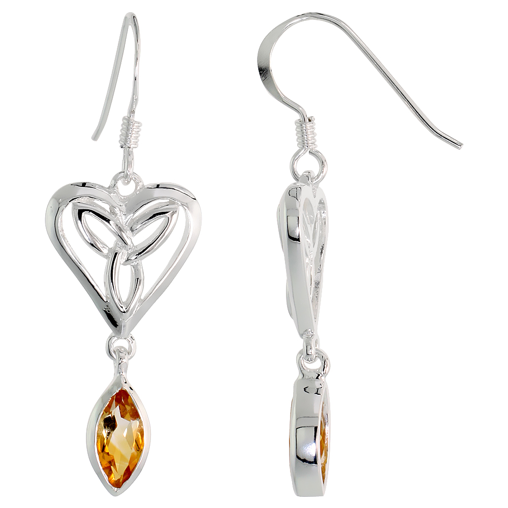STERLING SILVER GENUINE CITRINE TRIQUETRA EARRINGS CELTIC HEART, 2 INCH