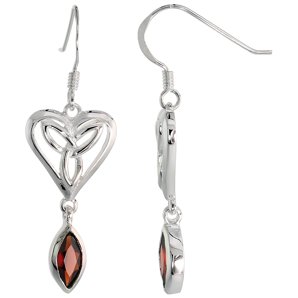 STERLING SILVER GENUINE GARNET TRIQUETRA EARRINGS CELTIC HEART, 2 INCH