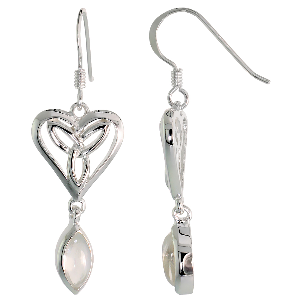 STERLING SILVER GENUINE MOONSTONE TRIQUETRA EARRINGS CELTIC HEART, 1 1/2 INCH
