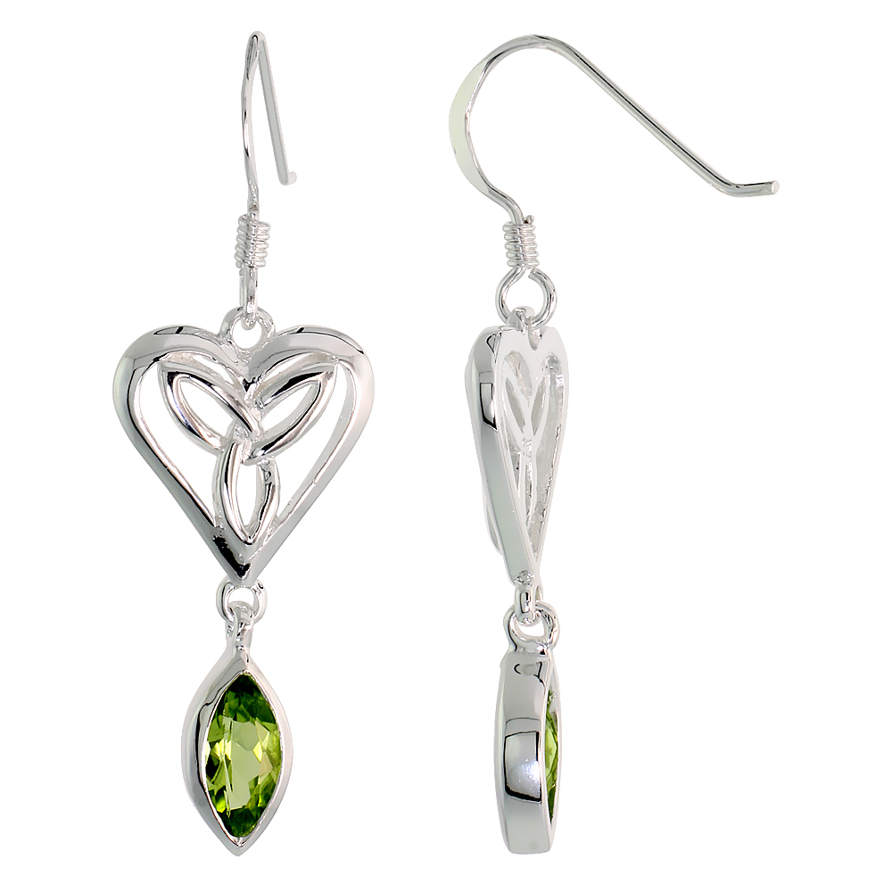 STERLING SILVER GENUINE PERIDOT TRIQUETRA EARRINGS CELTIC HEART, 1 1/2 INCH