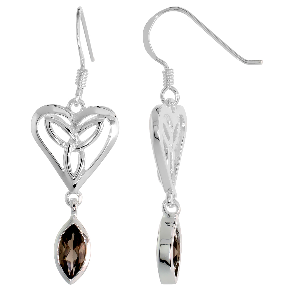 STERLING SILVER GENUINE SMOKY TOPAZ TRIQUETRA EARRINGS CELTIC HEART, 1 1/2 INCH