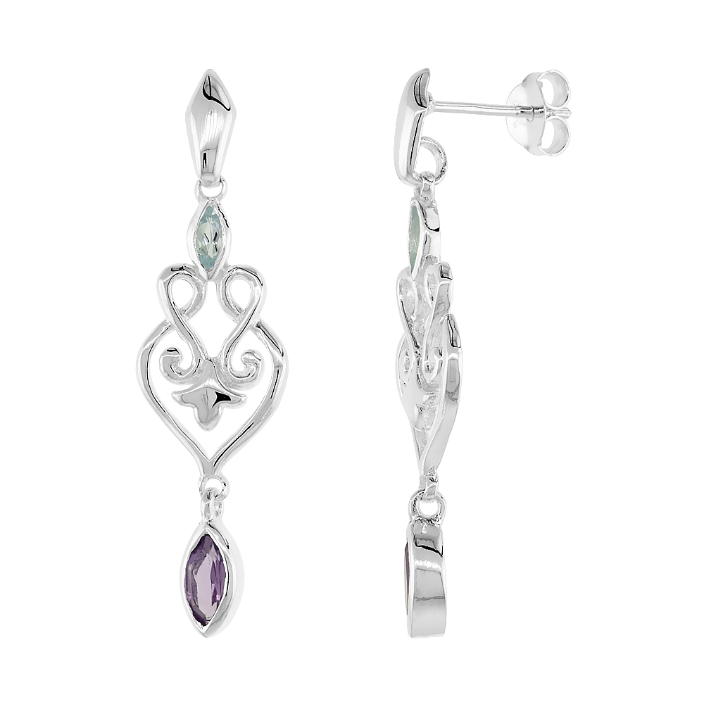STERLING SILVER GENUINE AMETHYST BLUE TOPAZ SCROLL HEART EARRINGS, 1 1/2 INCH