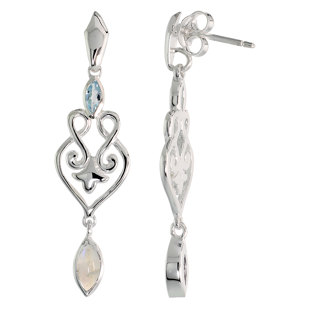 STERLING SILVER GENUINE MOONSTONE BLUE TOPAZ SCROLL HEART EARRINGS, 1 1/2 INCH