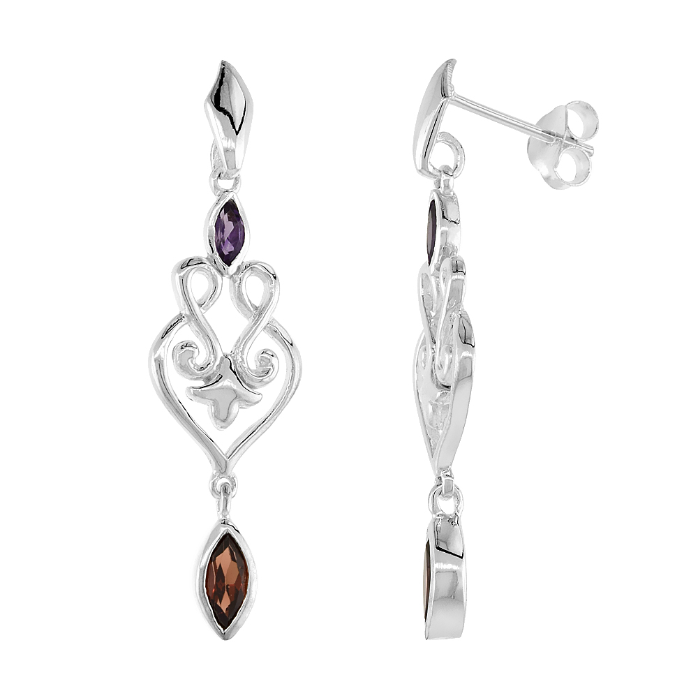 STERLING SILVER GENUINE SMOKY TOPAZ AMETHYST SCROLL HEART EARRINGS, 1 1/2 INCH