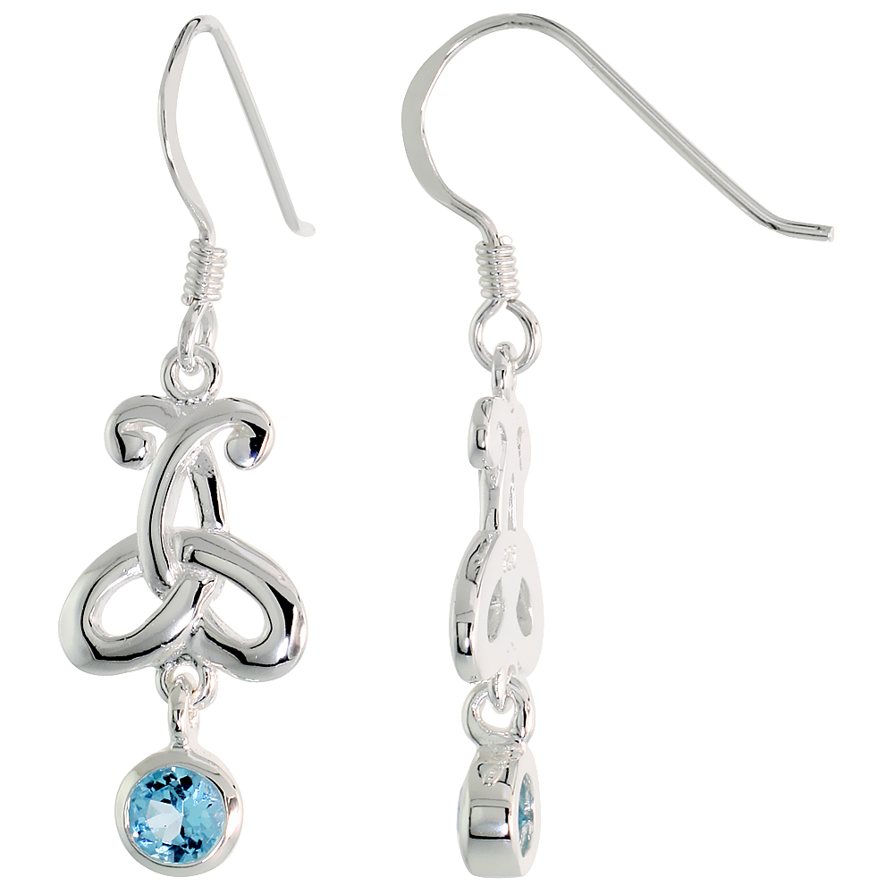 STERLING SILVER GENUINE BLUE TOPAZ TRIQUETRA EARRINGS CELTIC TRINITY KNOT, 1 3/8 INCH