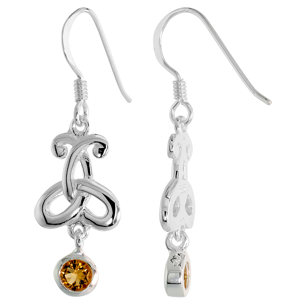 STERLING SILVER GENUINE CITRINE TRIQUETRA EARRINGS CELTIC TRINITY KNOT, 1 3/8 INCH