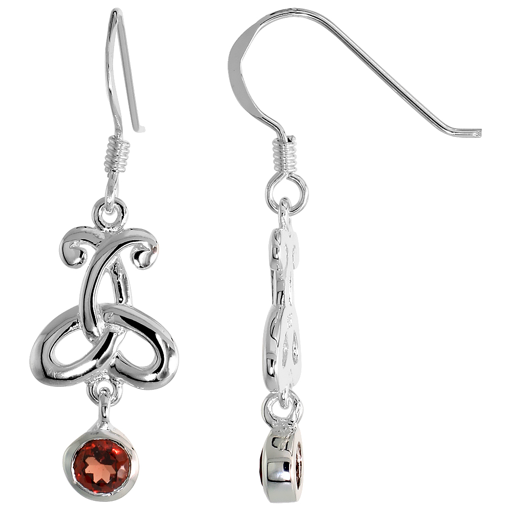 STERLING SILVER GENUINE GARNET TRIQUETRA EARRINGS CELTIC TRINITY KNOT, 1 3/8 INCH