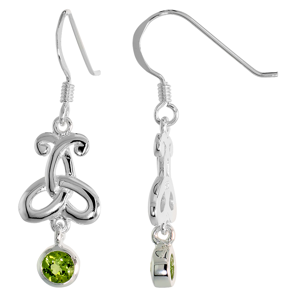 STERLING SILVER GENUINE PERIDOT TRIQUETRA EARRINGS CELTIC TRINITY KNOT, 1 3/8 INCH
