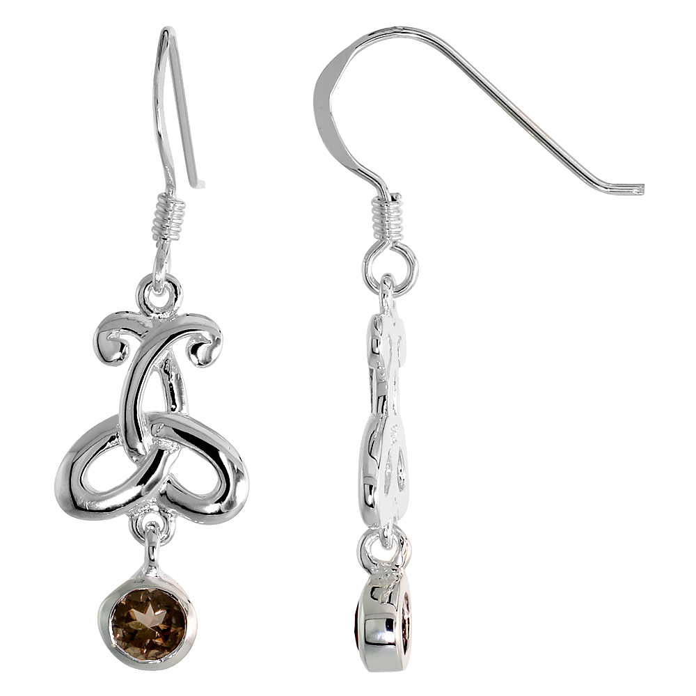 STERLING SILVER GENUINE SMOKY TOPAZ TRIQUETRA EARRINGS CELTIC TRINITY KNOT, 1 3/8 INCH