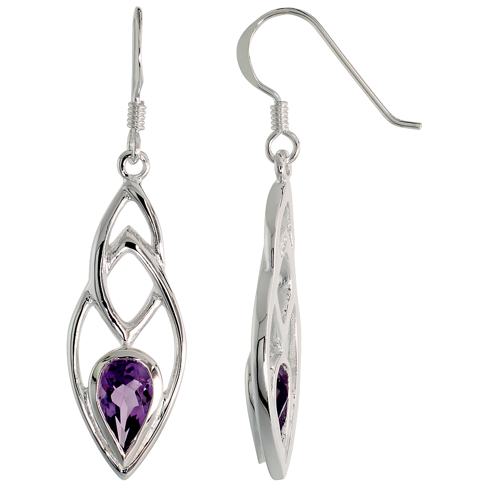 STERLING SILVER GENUINE AMETHYST TEARDROP EARRINGS, 1 5/8 INCH