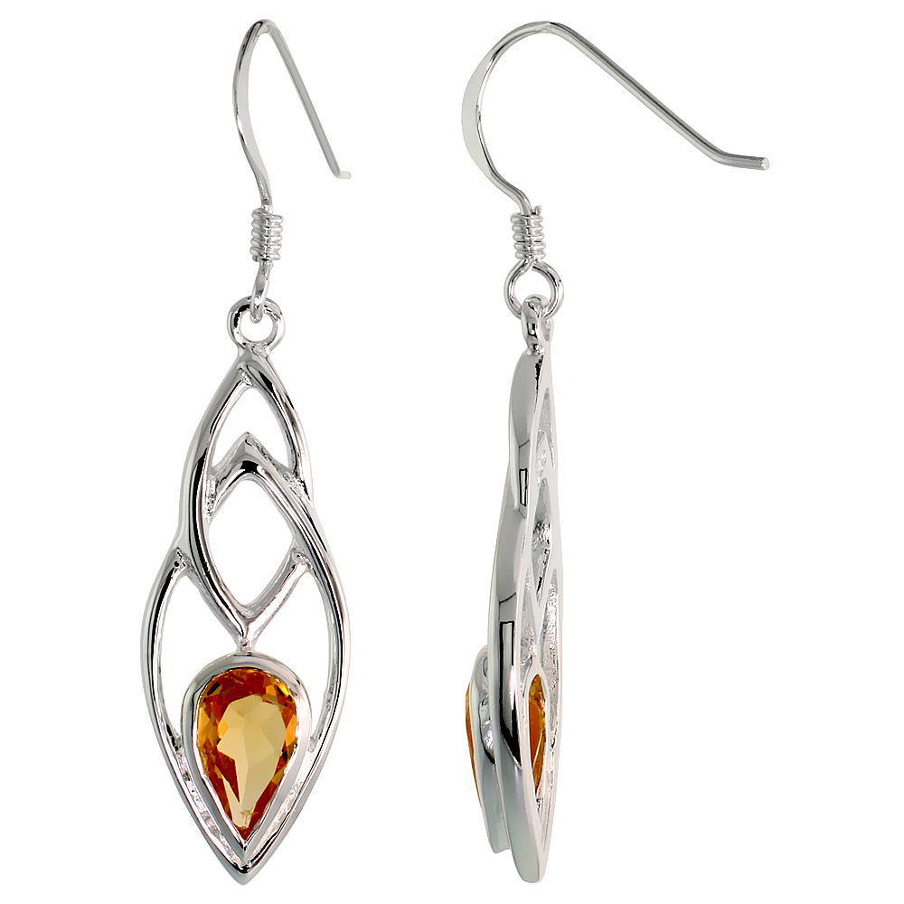 STERLING SILVER GENUINE CITRINE TEARDROP EARRINGS, 1 5/8 INCH