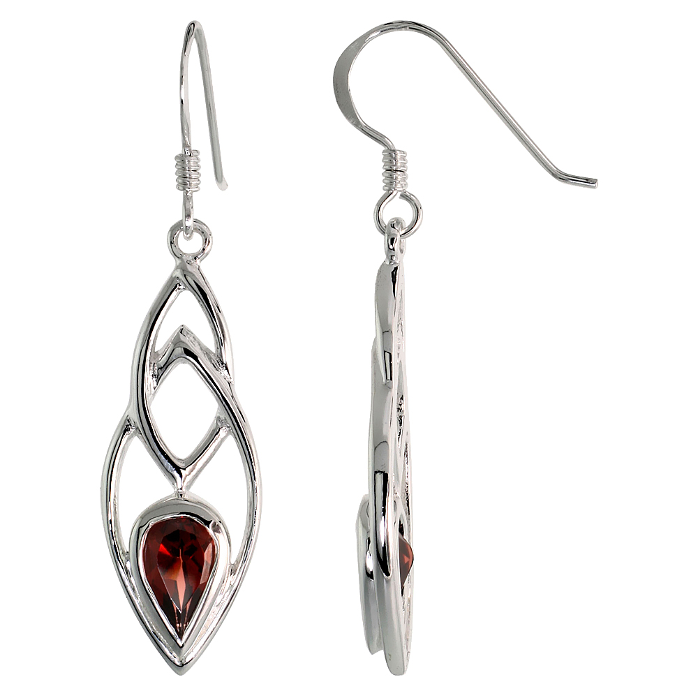STERLING SILVER GENUINE GARNET TEARDROP EARRINGS, 1 5/8 INCH