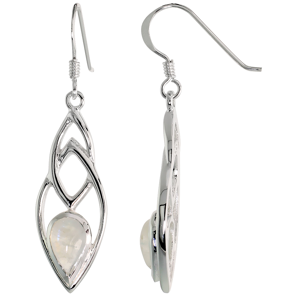 STERLING SILVER GENUINE MOONSTONE TEARDROP EARRINGS, 1 5/8 INCH