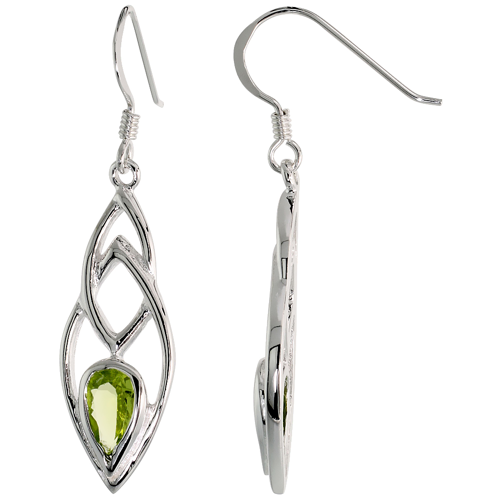 STERLING SILVER GENUINE PERIDOT TEARDROP EARRINGS, 1 5/8 INCH