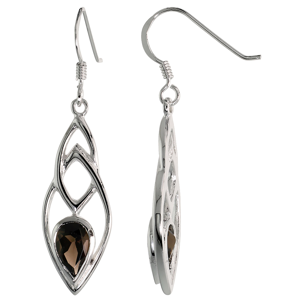 STERLING SILVER GENUINE SMOKY TOPAZ TEARDROP EARRINGS, 1 5/8 INCH