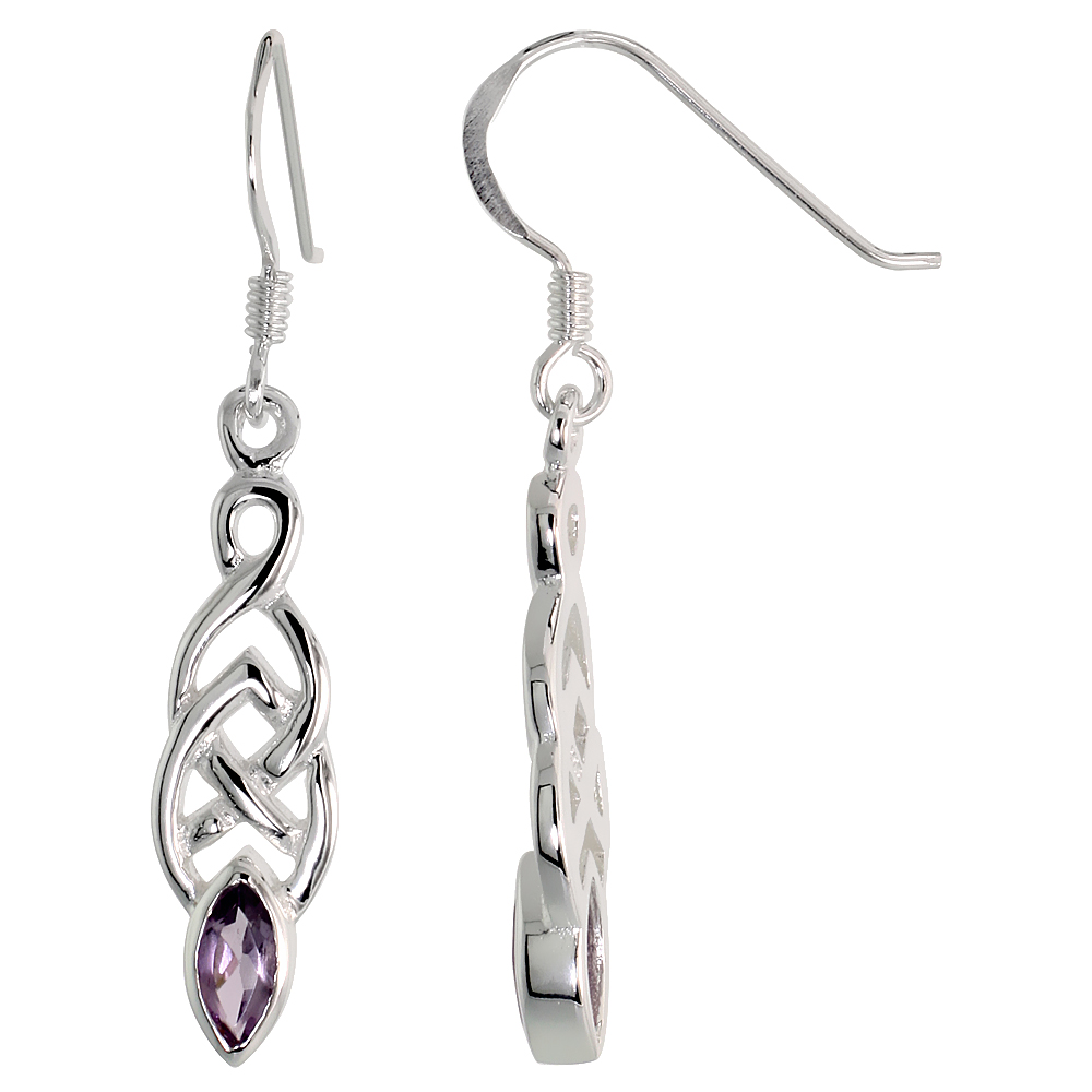 STERLING SILVER GENUINE AMETHYST CELTIC KNOT EARRINGS, 1 1/2 INCH