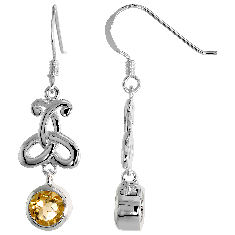 STERLING SILVER GENUINE CITRINE TRIQUETRA EARRINGS CELTIC TRINITY KNOT, 1 3/8 INCH
