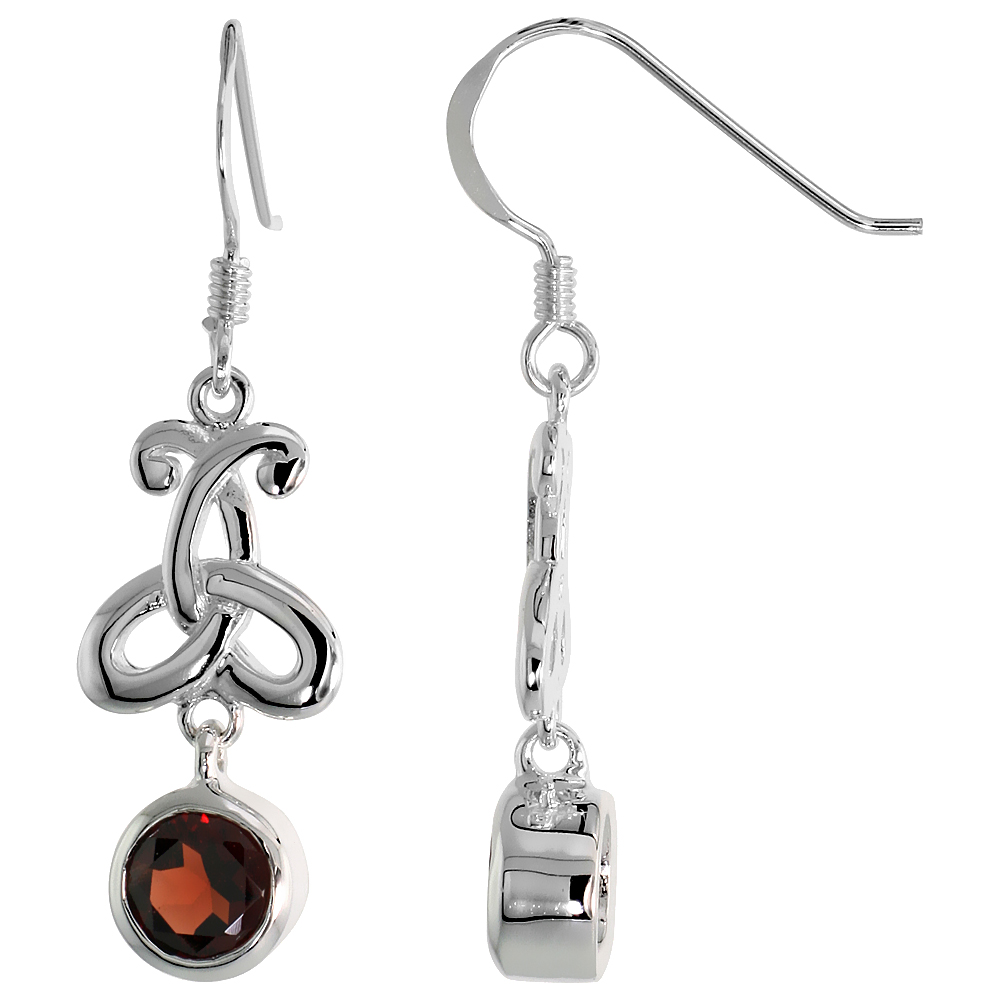 STERLING SILVER GENUINE GARNET TRIQUETRA EARRINGS CELTIC TRINITY KNOT, 1 3/8 INCH