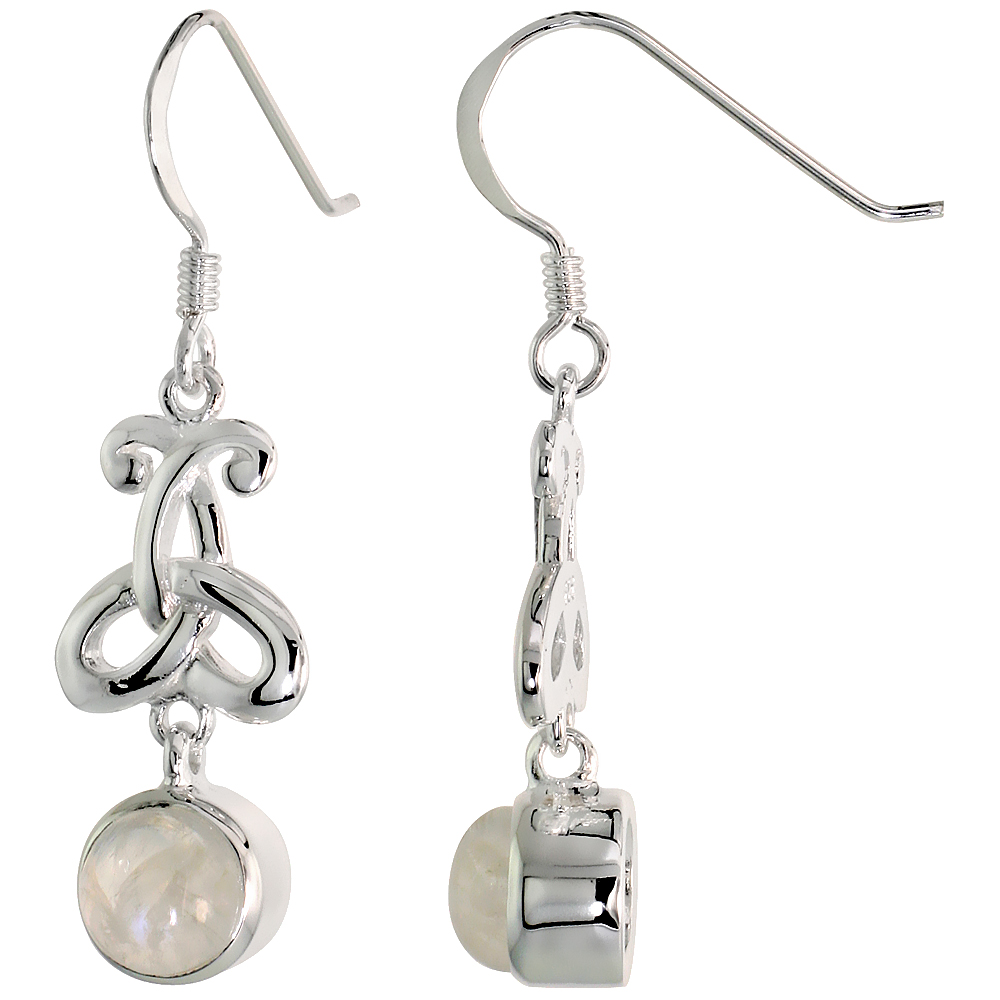 STERLING SILVER GENUINE MOONSTONE TRIQUETRA EARRINGS CELTIC TRINITY KNOT, 1 3/8 INCH
