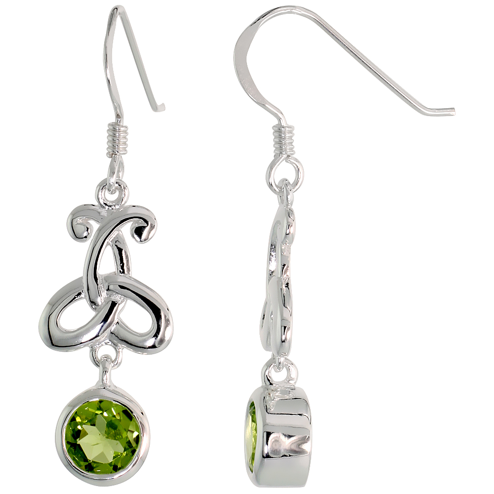 STERLING SILVER GENUINE PERIDOT TRIQUETRA EARRINGS CELTIC TRINITY KNOT, 1 3/8 INCH