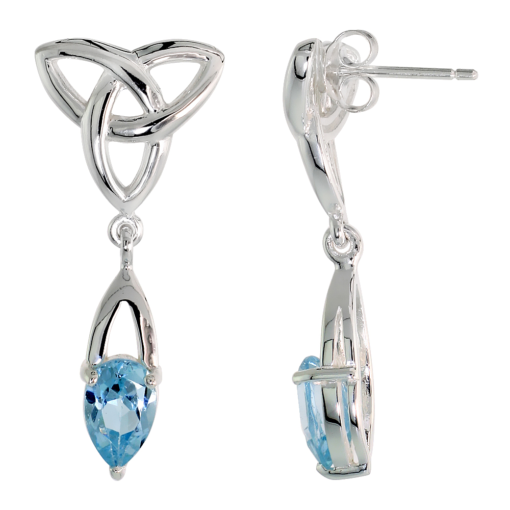 STERLING SILVER GENUINE BLUE TOPAZ TRIQUETRA EARRINGS CELTIC TRINITY KNOT , 1 1/4 INCH