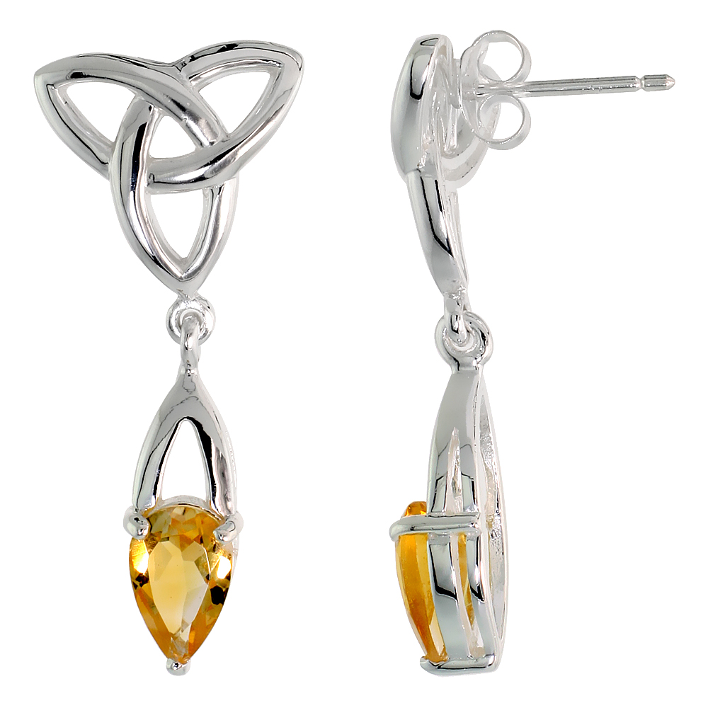 STERLING SILVER GENUINE CITRINE TRIQUETRA EARRINGS CELTIC TRINITY KNOT , 1 1/4 INCH