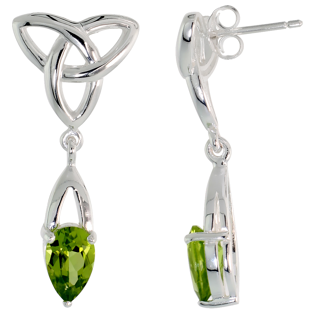 STERLING SILVER GENUINE PERIDOT TRIQUETRA EARRINGS CELTIC TRINITY KNOT , 1 1/4 INCH