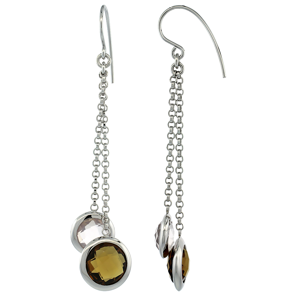 STERLING SILVER NATURAL STONE DANGLE EARRINGS W/ 9MM SMOKY QUARTZ & 8MM PINK QUARTZ DROP, 2 9/16 IN. (65 MM) TALL