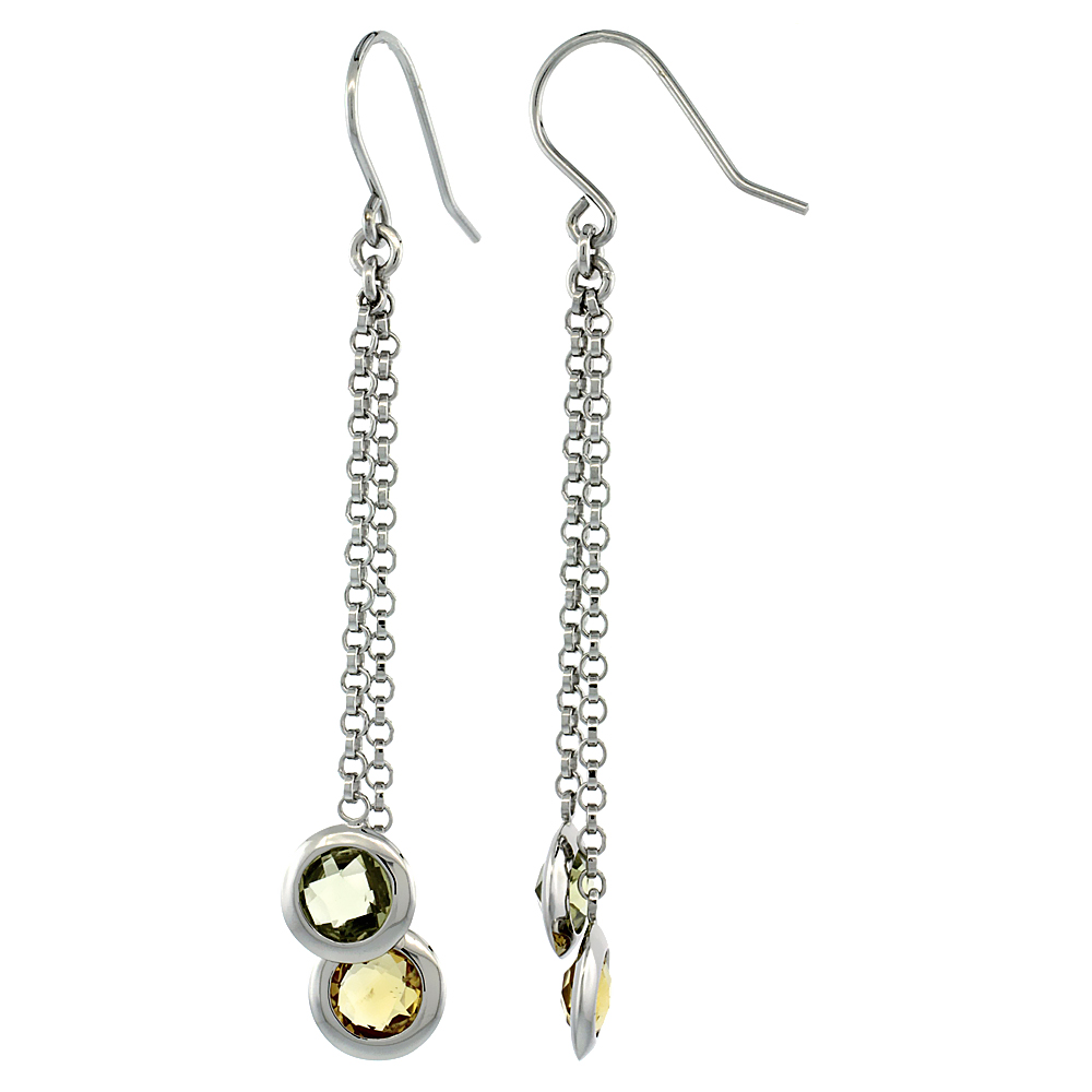 STERLING SILVER NATURAL STONE DANGLE EARRINGS W/ 6MM GREEN AMETHYST & CITRINE DROP, 2 3/8 IN. (61 MM) TALL