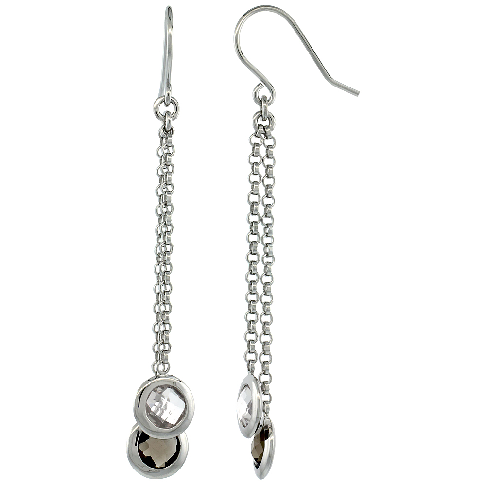 STERLING SILVER NATURAL STONE DANGLE EARRINGS W/ 6MM SMOKY TOPAZ & WHITE QUARTZ DROP, 2 3/8 IN. (61 MM) TALL