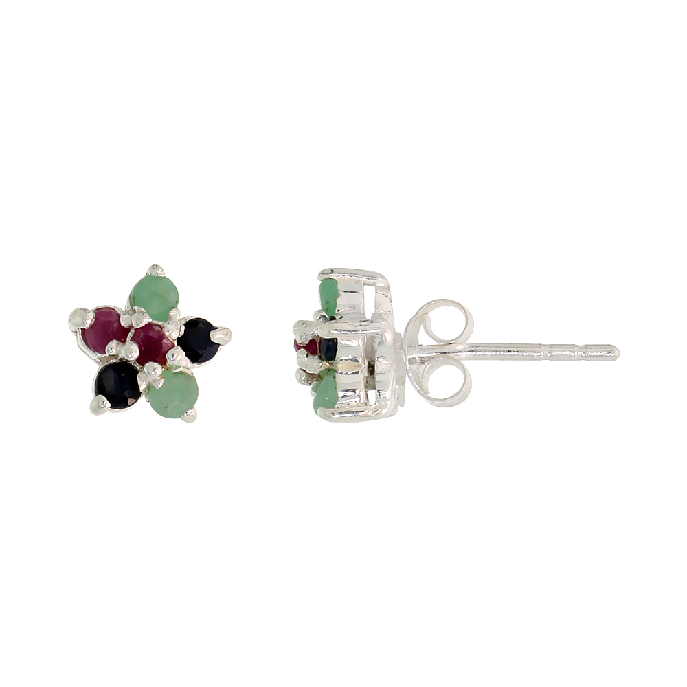 STERLING SILVER FLOWER CLUSTER NATURAL EMERALD, RUBY & BLUE SAPPHIRE STONE STUD EARRINGS, 5/16 IN. (8 MM) TALL