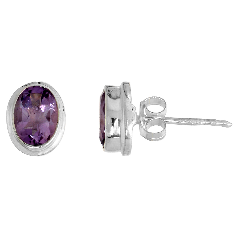 STERLING SILVER 7X5MM OVAL NATURAL AMETHYST STONE STUD EARRINGS