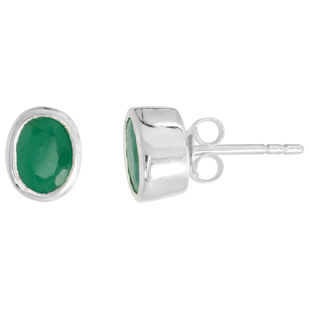 STERLING SILVER 7X5MM OVAL NATURAL EMERALD STONE STUD EARRINGS