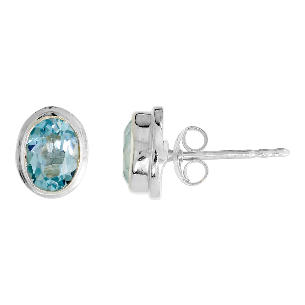 STERLING SILVER 7X5MM OVAL NATURAL BLUE TOPAZ STONE STUD EARRINGS