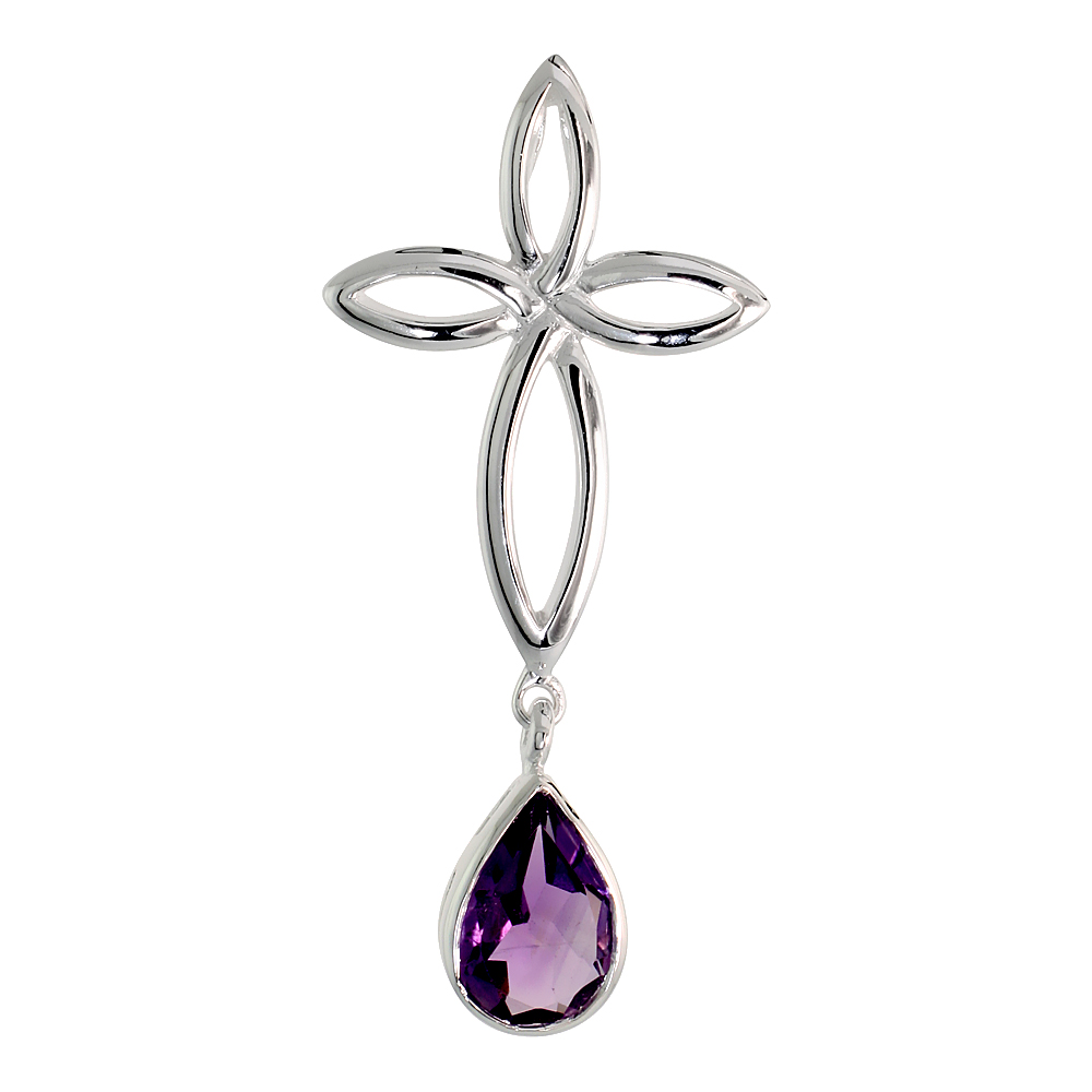 STERLING SILVER GENUINE AMETHYST CELTIC CROSS KNOT PENDANTS TEARDROP, 1 3/4 INCH LONG