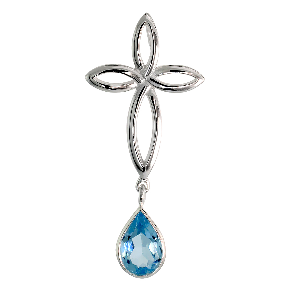 STERLING SILVER GENUINE BLUE TOPAZ CELTIC CROSS KNOT PENDANTS TEARDROP, 1 3/4 INCH LONG