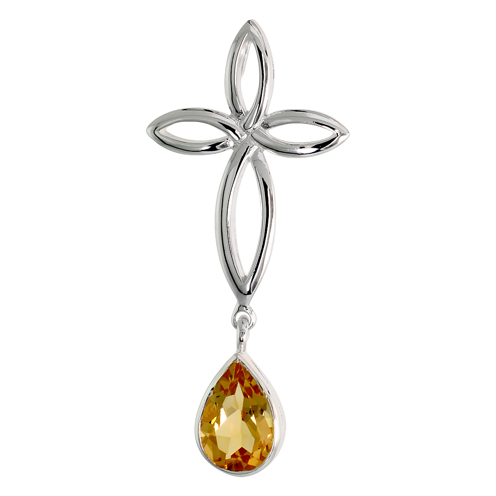 STERLING SILVER GENUINE CITRINE CELTIC CROSS KNOT PENDANTS TEARDROP, 1 3/4 INCH LONG