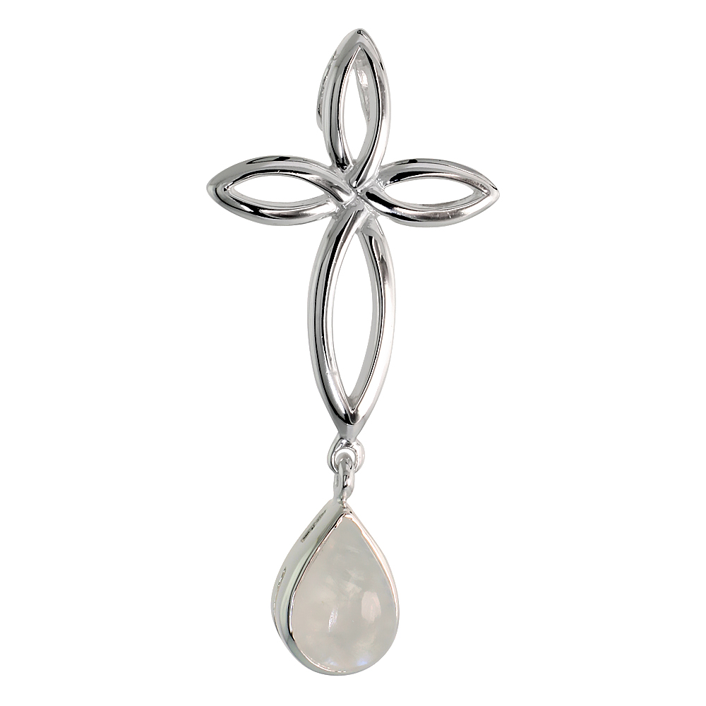 STERLING SILVER GENUINE MOONSTONE CELTIC CROSS KNOT PENDANTS TEARDROP, 1 3/4 INCH LONG