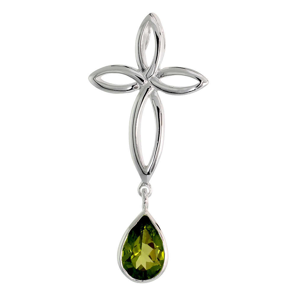 STERLING SILVER GENUINE PERIDOT CELTIC CROSS KNOT PENDANTS TEARDROP, 1 3/4 INCH LONG