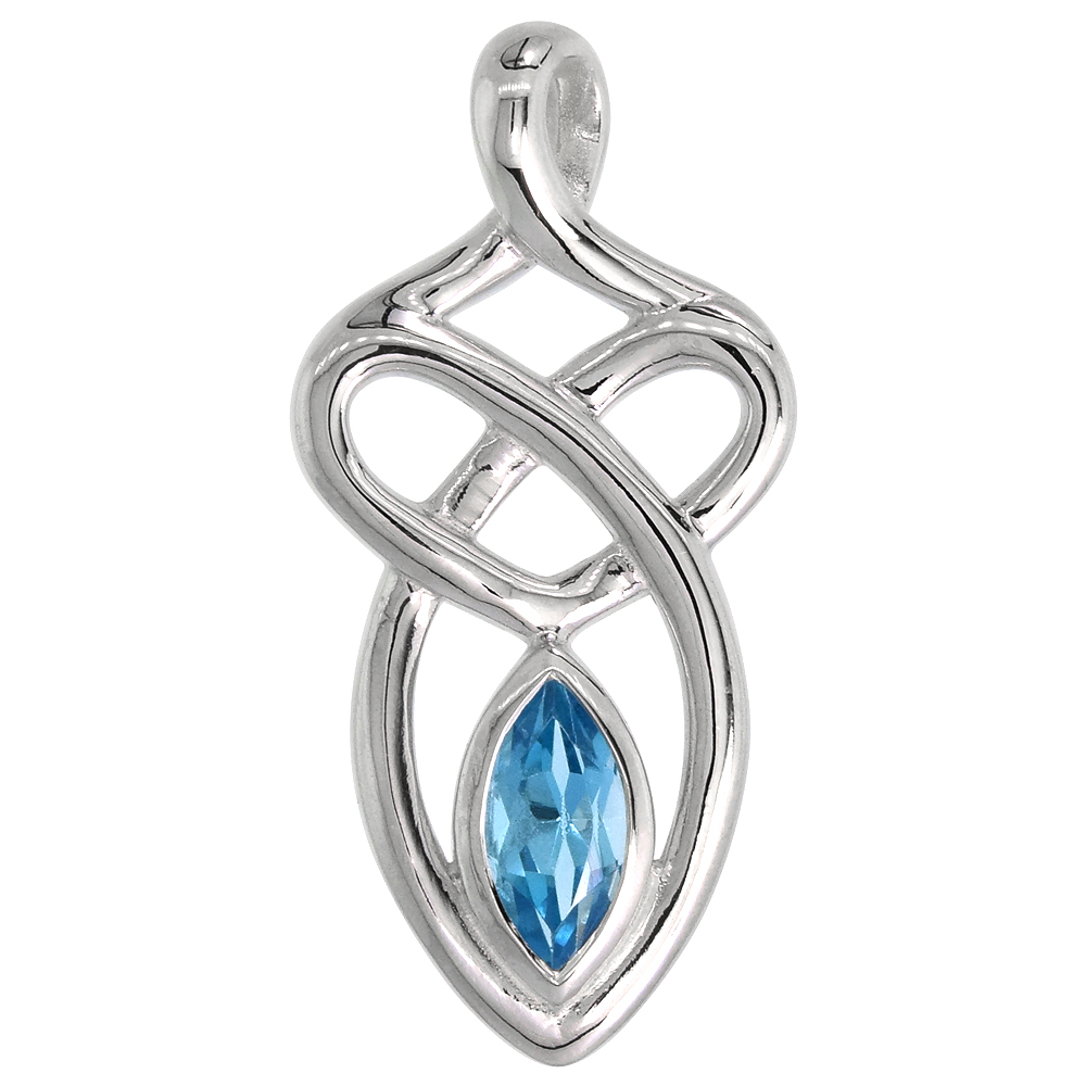 STERLING SILVER GENUINE BLUE TOPAZ CELTIC MOTHERHOOD KNOT PENDANT, 1 1/8 INCH LONG