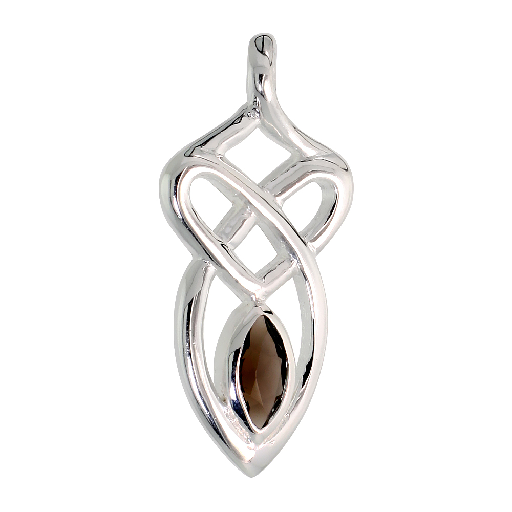 STERLING SILVER GENUINE SMOKY TOPAZ CELTIC MOTHERHOOD KNOT PENDANT, 1 1/8 INCH LONG