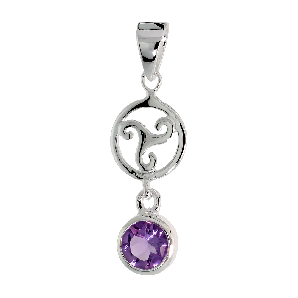 STERLING SILVER GENUINE AMETHYST CELTIC TRISKELION PENDANT, 1 1/4 INCH LONG