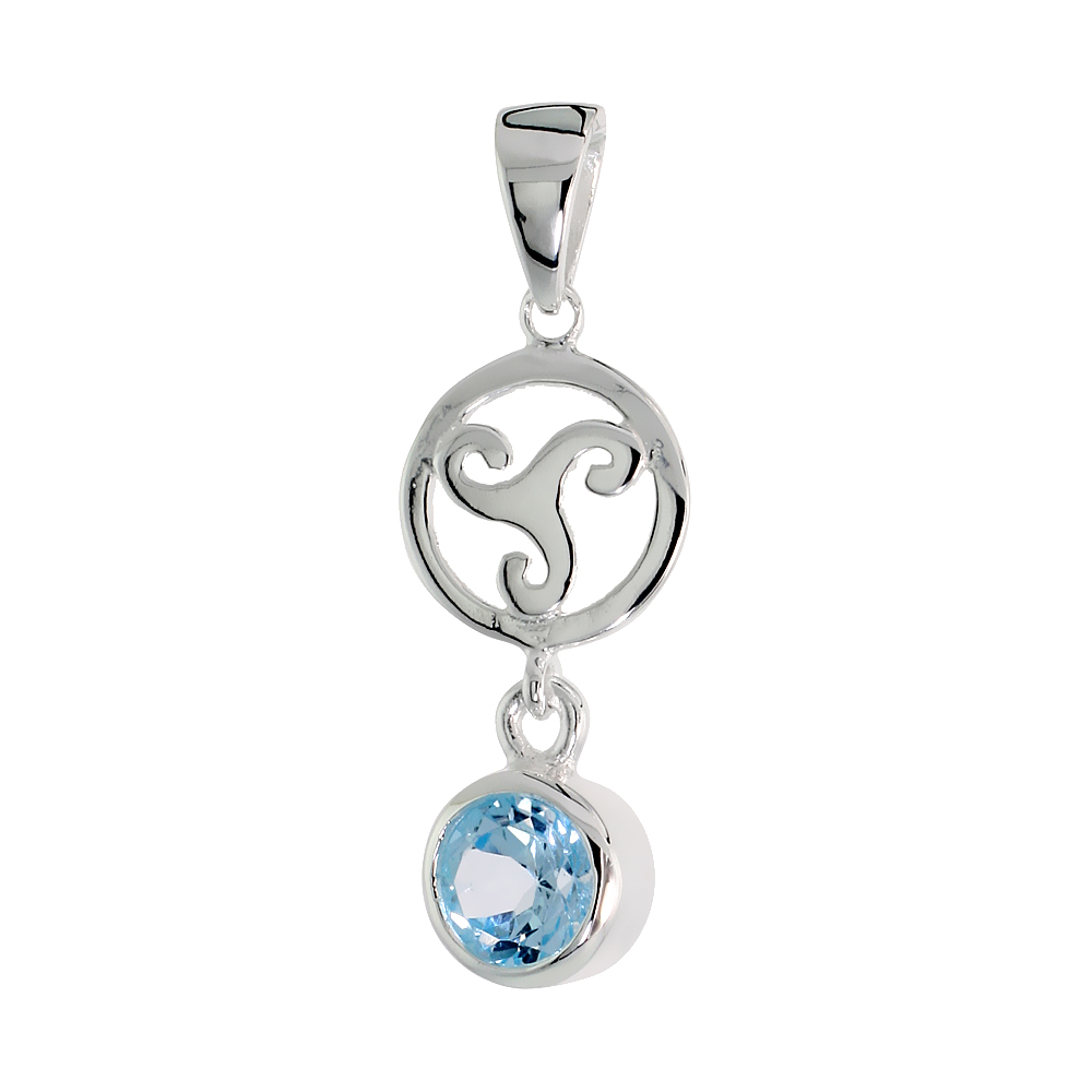 STERLING SILVER GENUINE BLUE TOPAZ CELTIC TRISKELION PENDANT, 1 1/4 INCH LONG