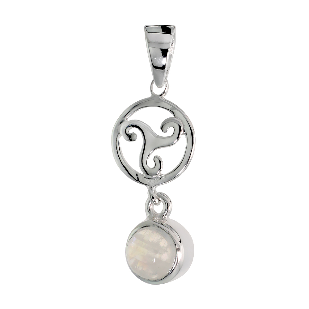 STERLING SILVER GENUINE MOONSTONE CELTIC TRISKELION PENDANT, 1 1/4 INCH LONG