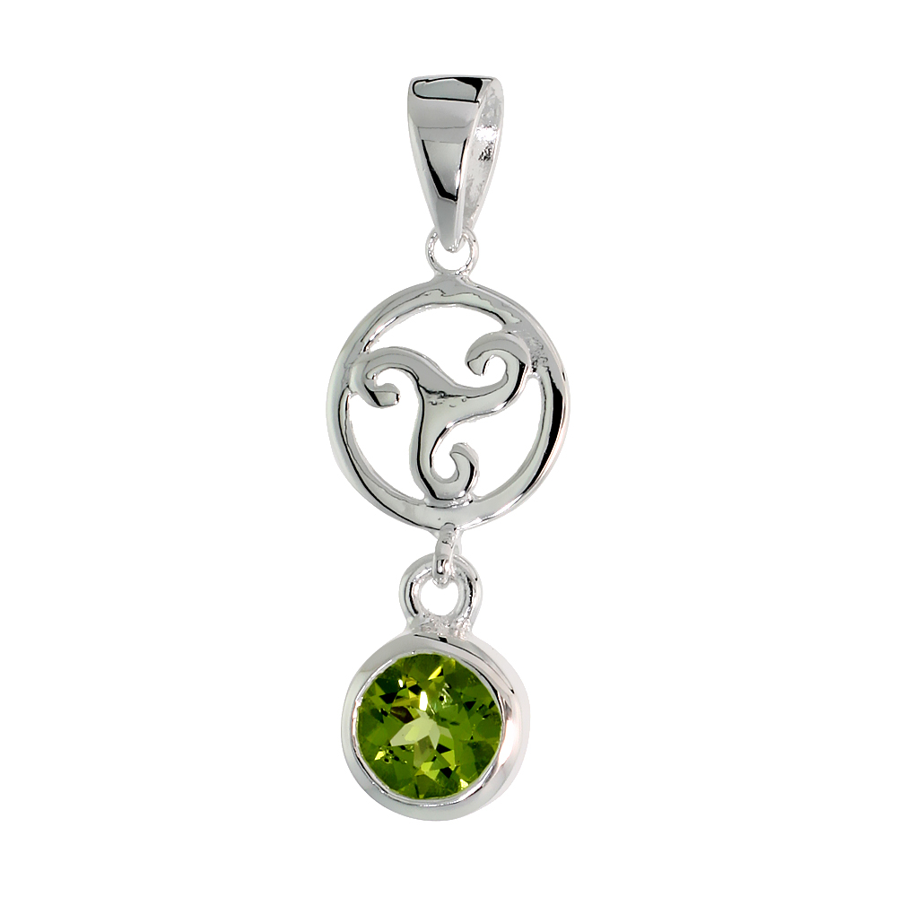 STERLING SILVER GENUINE PERIDOT CELTIC TRISKELION PENDANT, 1 1/4 INCH LONG