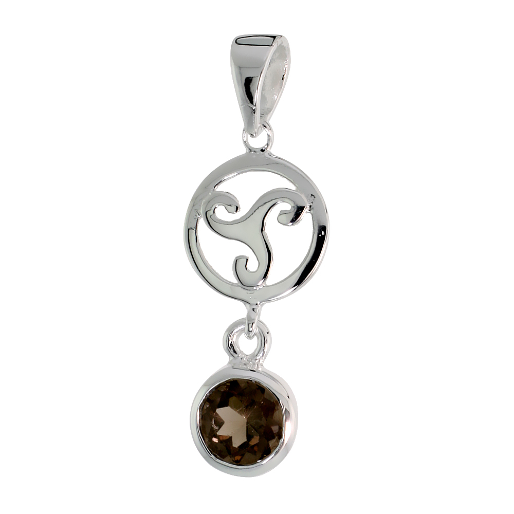 STERLING SILVER GENUINE SMOKY TOPAZ CELTIC TRISKELION PENDANT, 1 1/4 INCH LONG