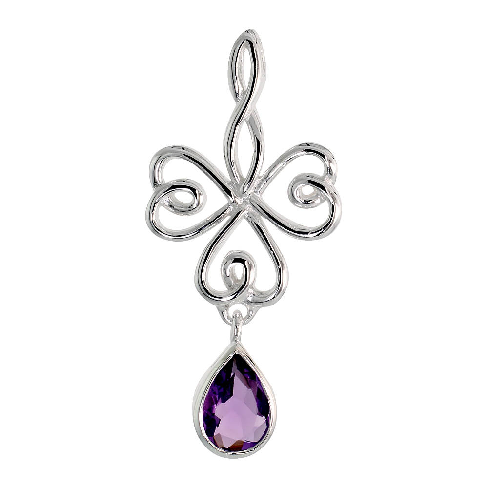 STERLING SILVER GENUINE AMETHYST CELTIC SHAMROCK PENDANT TEARDROP, 1 1/2 INCH LONG