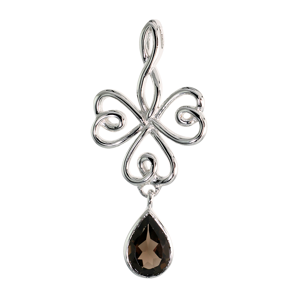 STERLING SILVER GENUINE SMOKY TOPAZ CELTIC SHAMROCK PENDANT TEARDROP, 1 1/2 INCH LONG